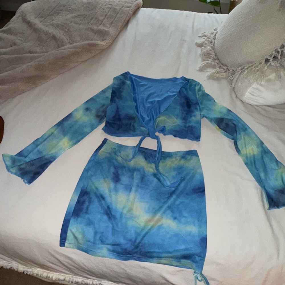 SHEIN Blue and Green Mini Pencil Skirt with Tie Front for Resort Wear